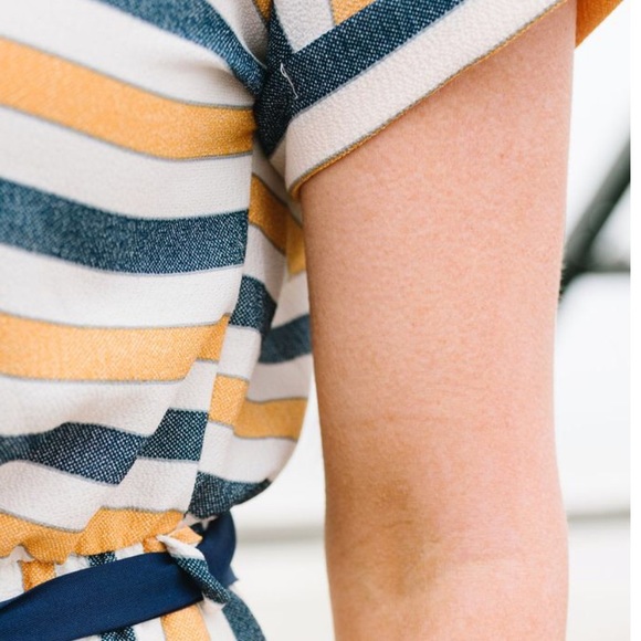 MIDI DRESS IN NAVY BLUE AND MUSTARD YELLOW STRIPES - Picture 3 of 3